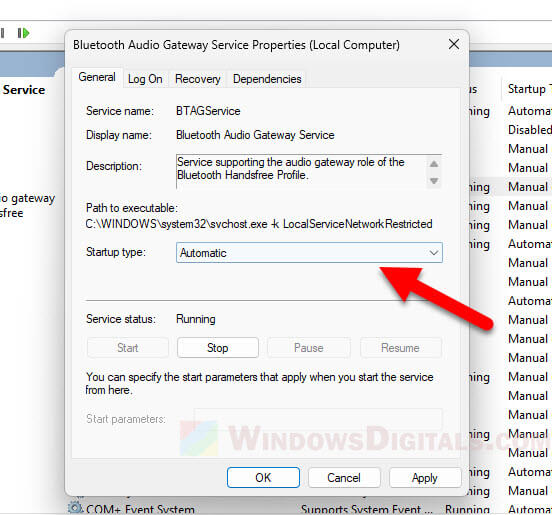 Set Bluetooth Audio Gateway and Support Services to Automatic