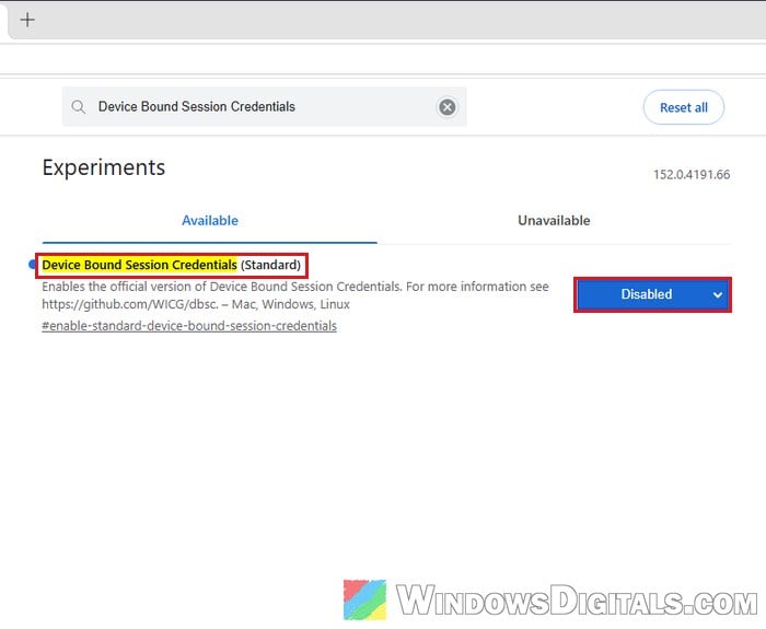Set Device Bound Session Credentials flag to Disabled