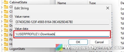 Set Downloads folder location in User Shell Folders registry Windows 11