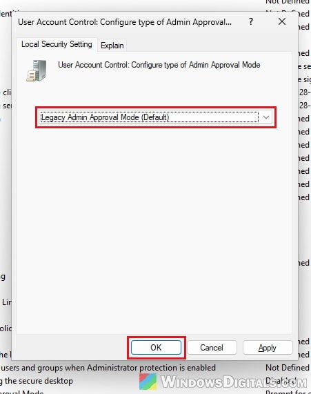 Set Legacy Admin Approval Mode to turn off Administrator protection Windows 11