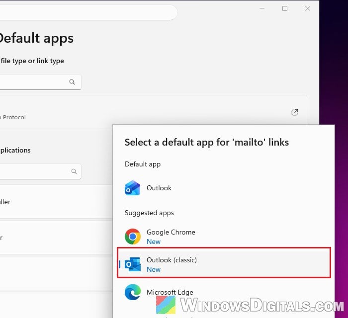 Set Outlook classic as default for mailto links Windows 11