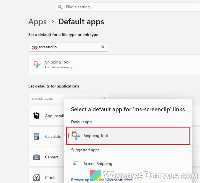 Set Snipping Tool as default for MS-SCREENCLIP Windows 11