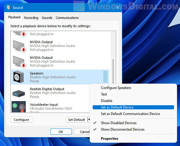 Set Speakers or headphones as default device Windows 11