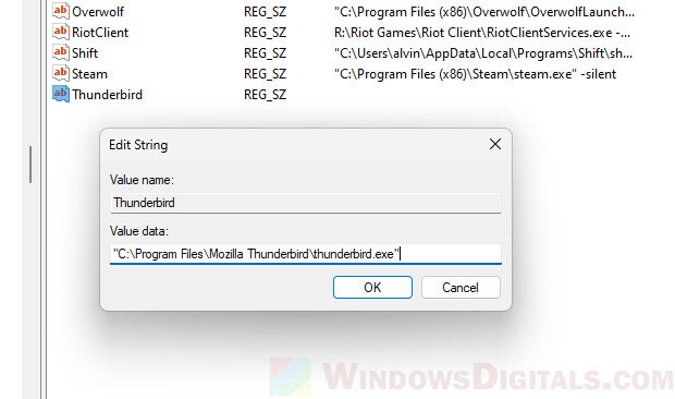 Set Thunderbird to start with Windows 11 via Registry Editor