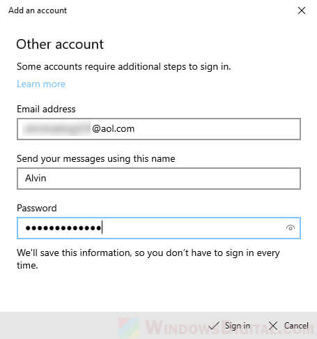 Set Up Aol emaill address password in Default Mail app