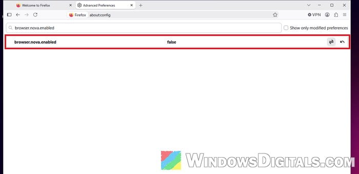 Set browser.nova.enabled to false in Firefox about config