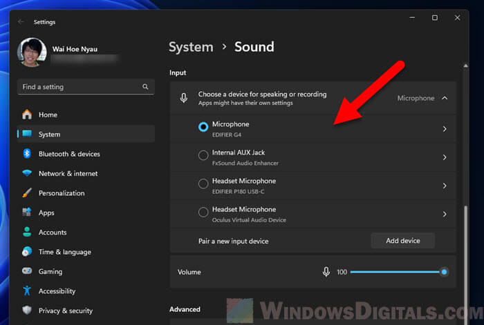 Set default microphone in Windows 11