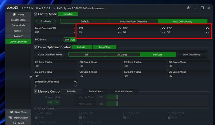 Set default power limits ppt tdc edc Ryzen Master