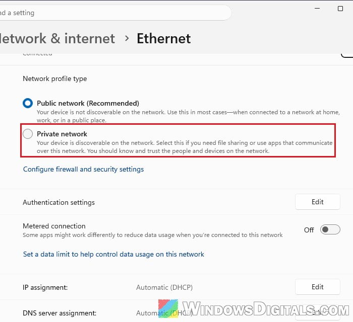 Set network profile type to Private network Windows 11