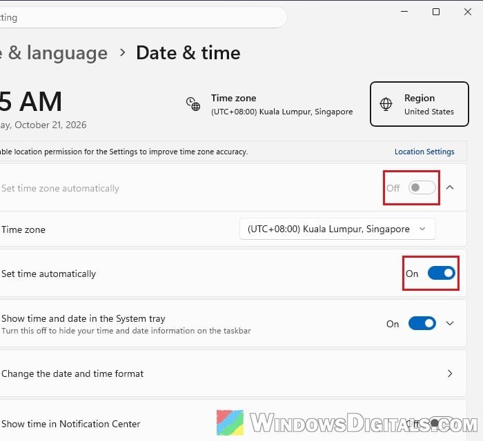 Set time automatically Date and time Windows 11