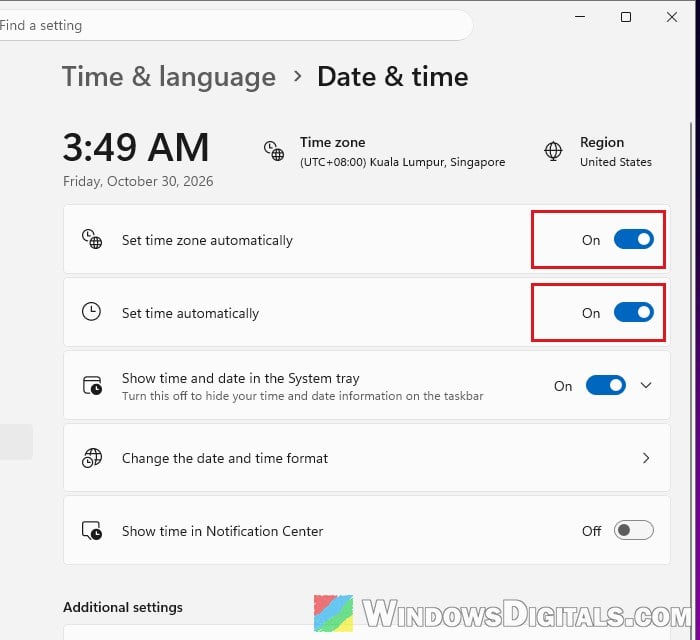 Set time automatically Windows 11 Date and time settings