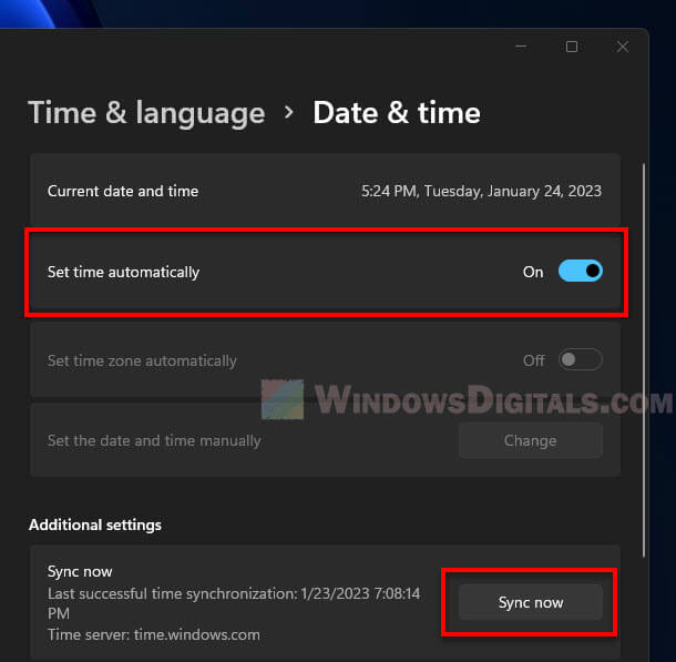 Set time automatically Windows 11