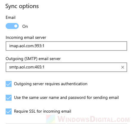 Set up AOL IMAP Settings default email Windows 10