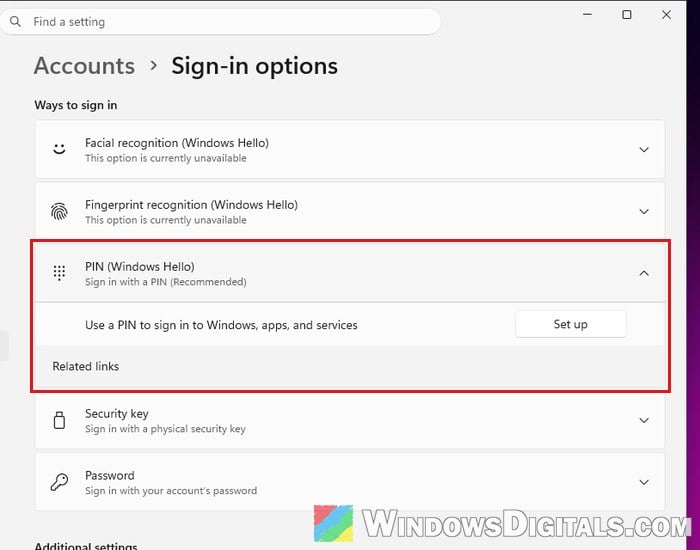 Set up PIN Windows Hello Sign-in options Windows 11