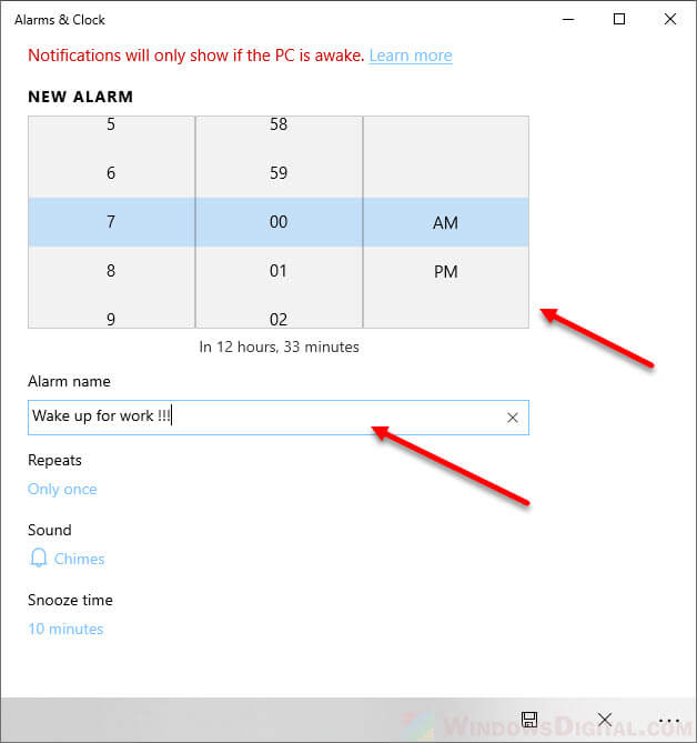 Set up time and alarm name Windows 10/11