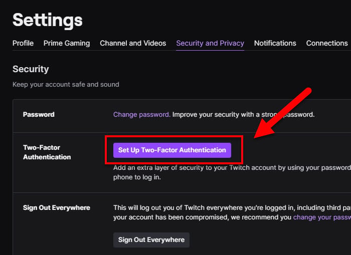 Set up two factor authentication 2FA on Twitch