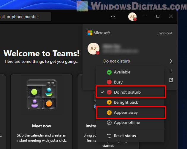 Setting Microsoft Teams to Away or Do not disturb