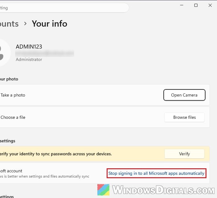 Settings Accounts Your info Microsoft account Windows 11