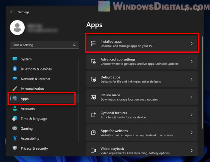 Settings Installed Apps Windows 11