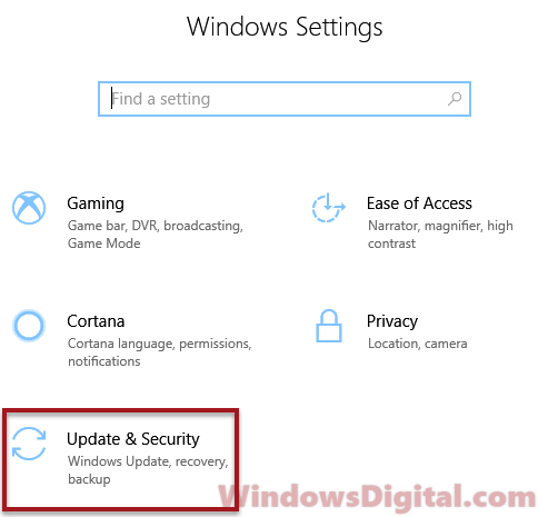 Settings Update and security in Windows 10