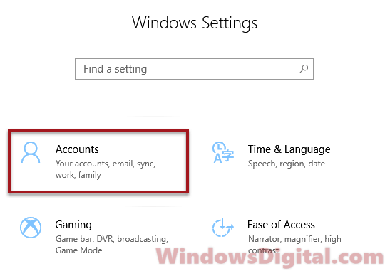 Account Settings Windows 10