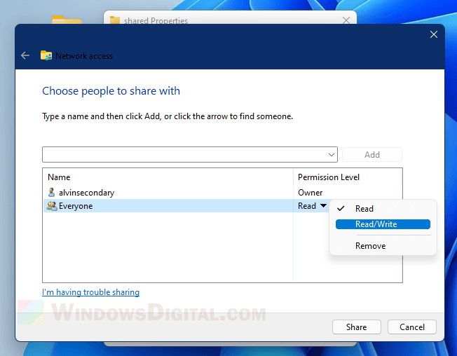 Share folder Read Write permission Windows 11 10