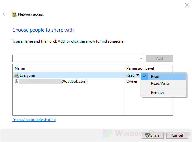 Share folder Read only or Write Windows 10