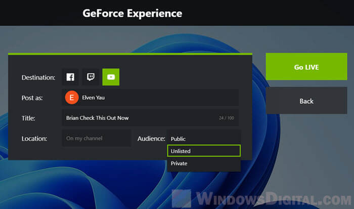 Share screen Windows 11 via GeForce Experience