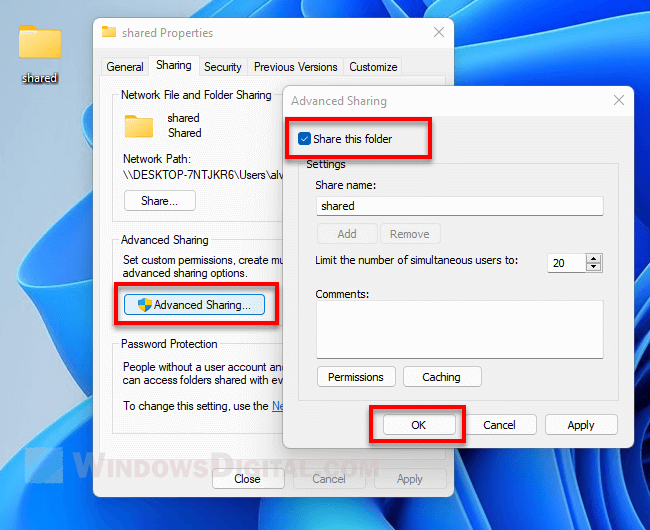 Share this folder Advanced file sharing Windows 11