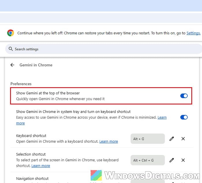 Show Gemini at the top of the browser Chrome setting