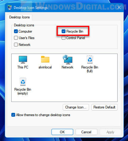 Show Recycle Bin Icon on Windows 11 desktop