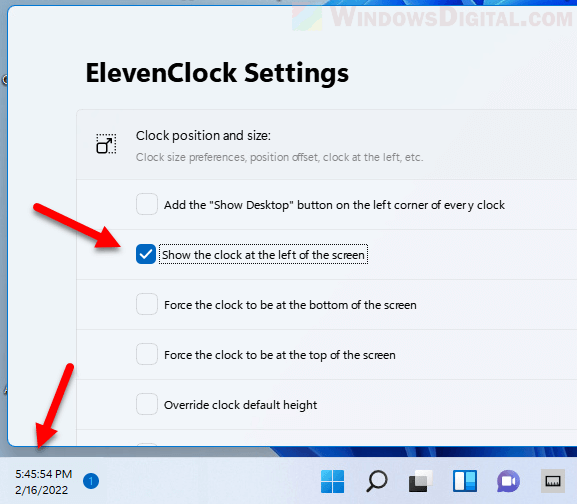 Show clock at the left side of taskbar screen Windows 11