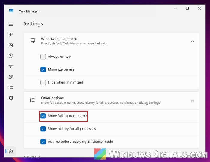 Show full account name setting in Task Manager Windows 11
