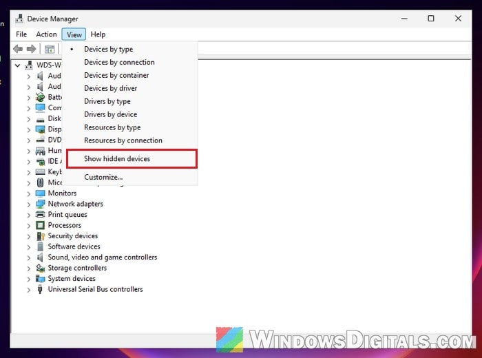 Show hidden devices in Device Manager Windows 11