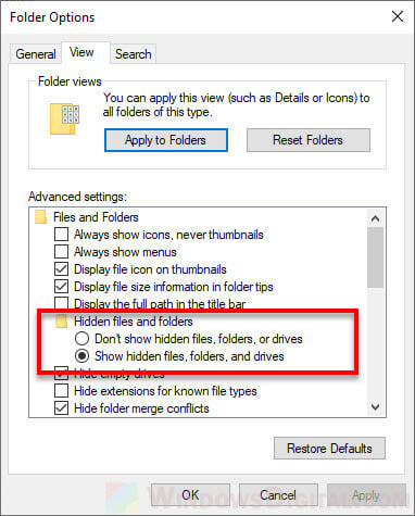 Show hidden files folders in Windows 10