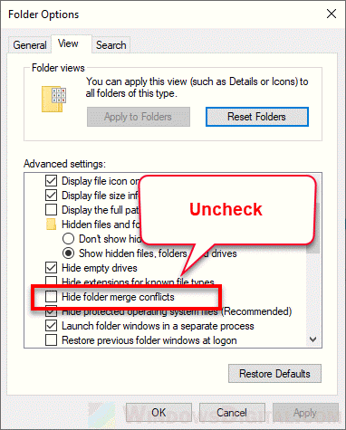 Show hide folder merge conflicts Windows 10