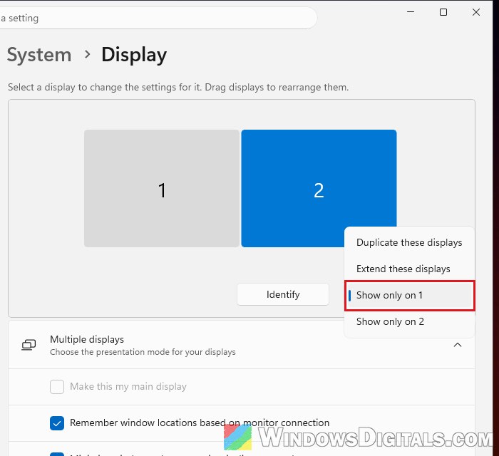 Show only on 1 option in Windows 11 Display settings