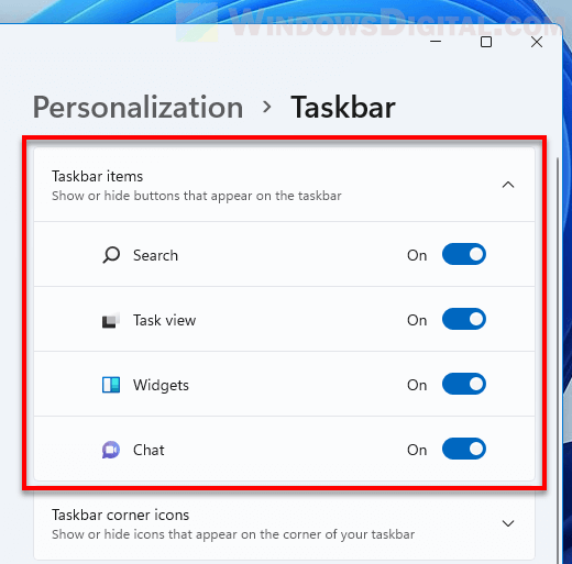 Show or hide Search Widgets Chat on taskbar Windows 11