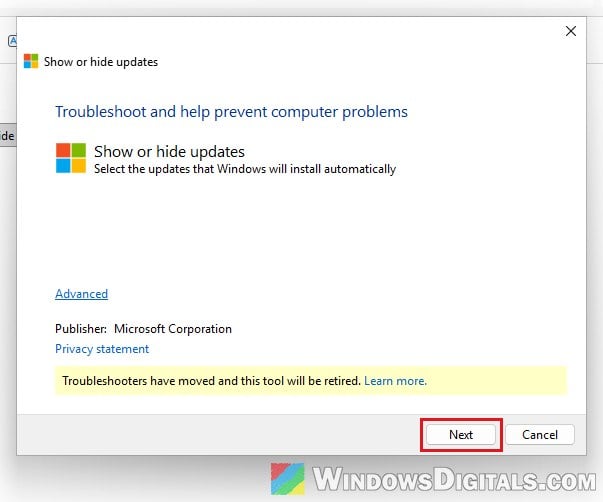 Show or hide updates troubleshooter wushowhide Windows 11