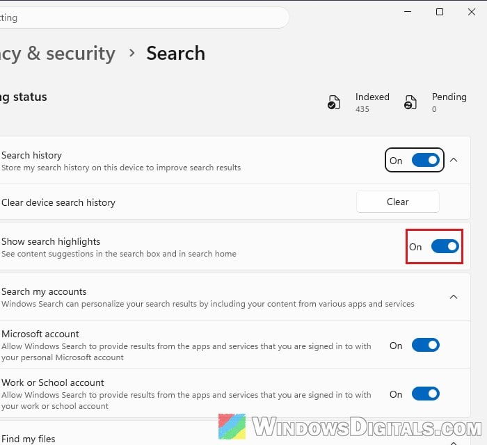 Show search highlights setting Windows 11