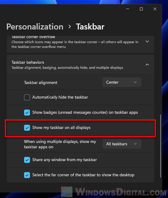 Show taskbar on second monitor Windows 11