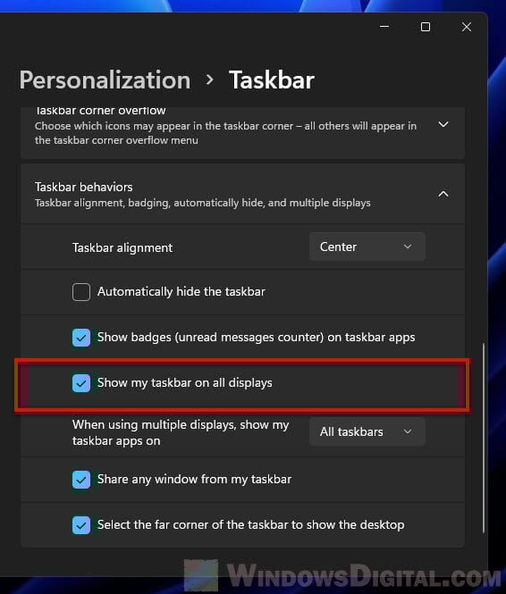 Show taskbar on second monitor Windows 11