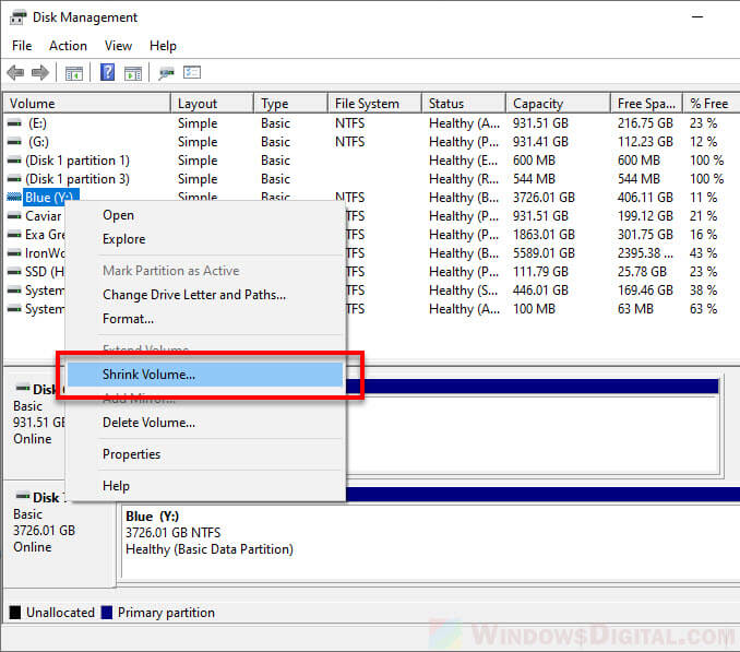 Shrink Volume to Split drive in Windows 10