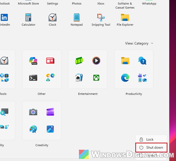 Shut down Windows 11 from Start menu power button