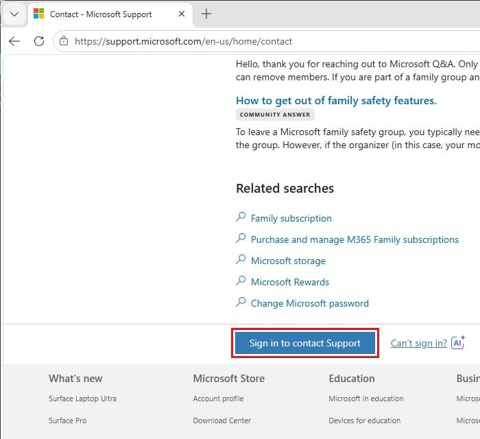 Sign in to contact Microsoft Support