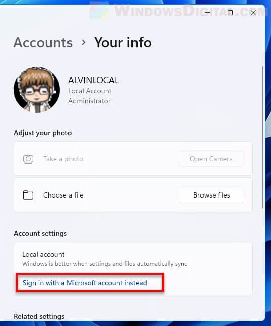 Sign in with a Microsoft account instead Windows 11