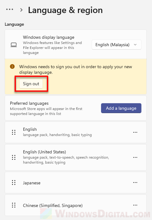Sign out of Windows 11 to apply new display language