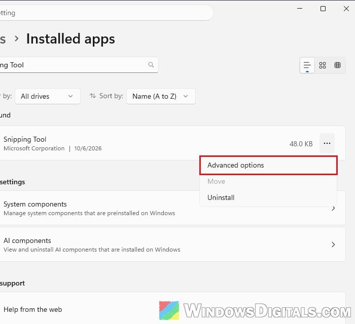 Snipping Tool Advanced options in Installed apps Windows 11