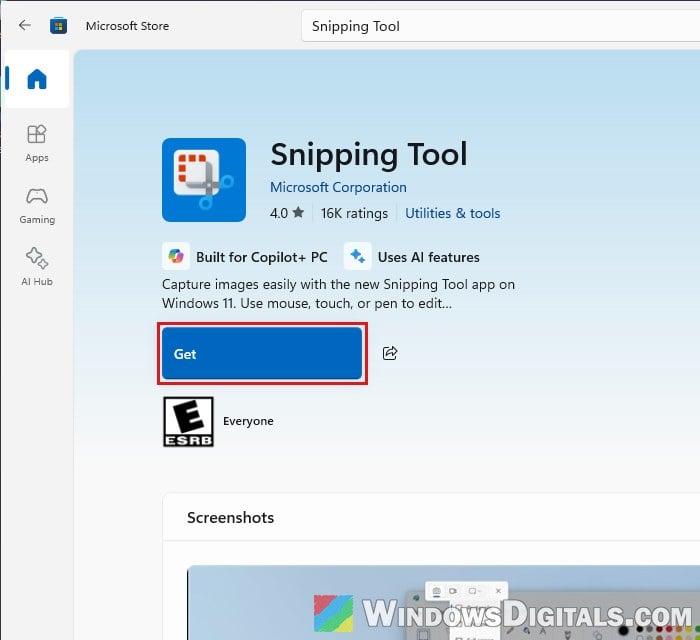 Snipping Tool in Microsoft Store Windows 11