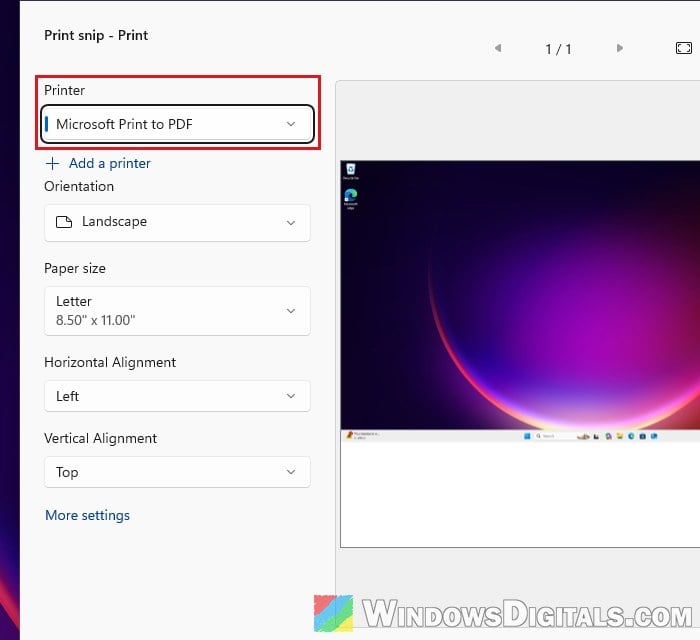 Snipping Tool print dialog Windows 11